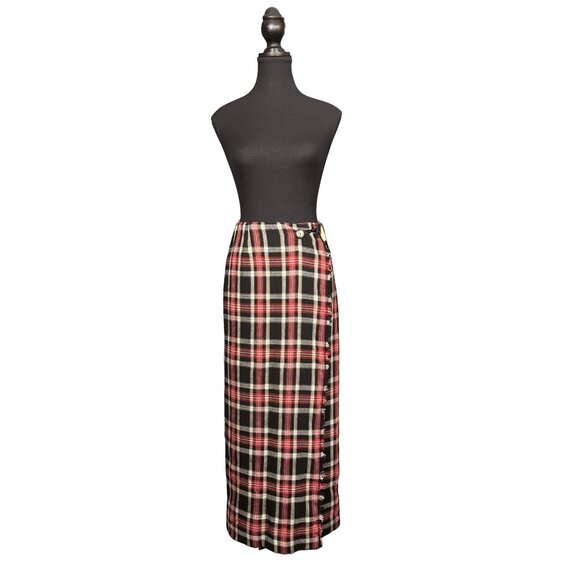 Vintage Plaid Maxi Skirt, 90s Tartan Wrap Skirt Preppy Academia Style - Picture 1 of 7
